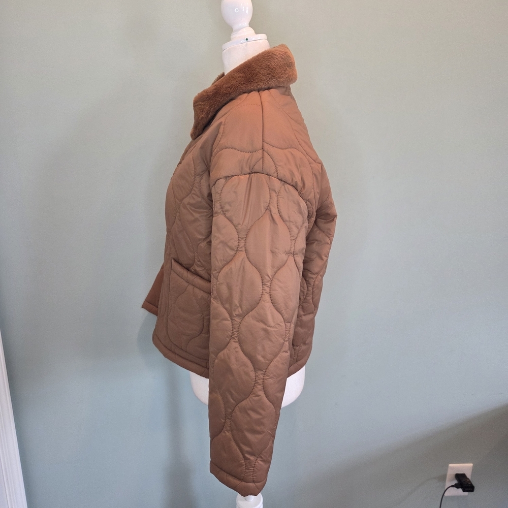 OFFLINE by Aerie Real Luxe Quilted Puffer Jacket Faux Fur Collar Brown Small - Picture 4 of 12